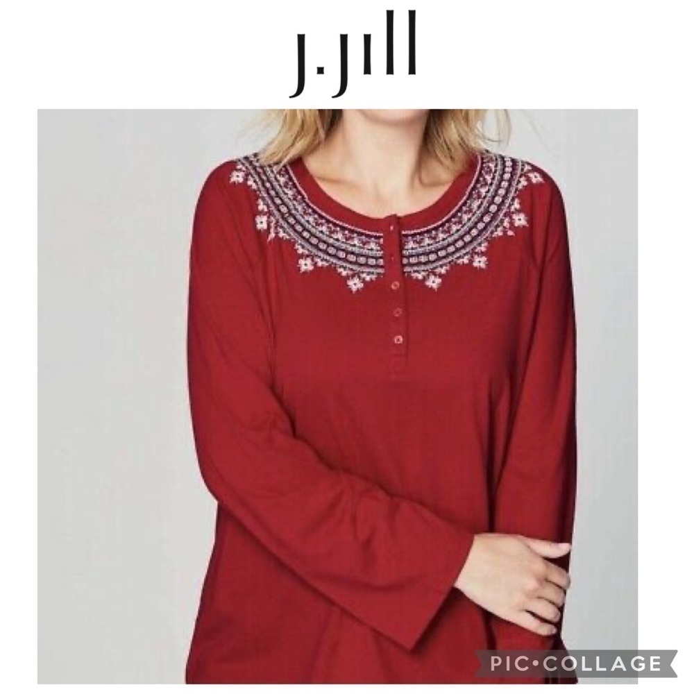 J Jill Embroidered neckline Red Long Sleeve Pullover top